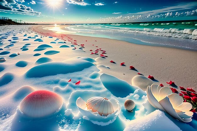 Blue sea waves at dusk sunrise sunset with rose flowers pink shells conch sea salt on sandy beach