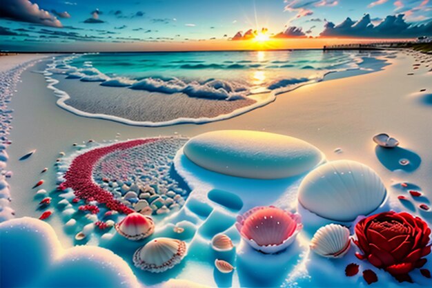 Blue sea waves at dusk sunrise sunset with rose flowers pink shells conch sea salt on sandy beach