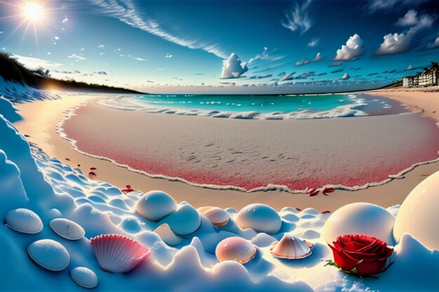 Blue sea waves at dusk sunrise sunset with rose flowers pink shells conch sea salt on sandy beach