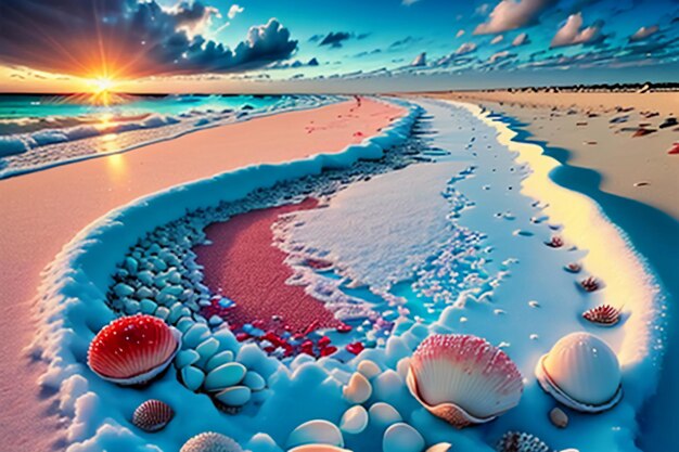 Blue sea waves at dusk sunrise sunset with rose flowers pink shells conch sea salt on sandy beach