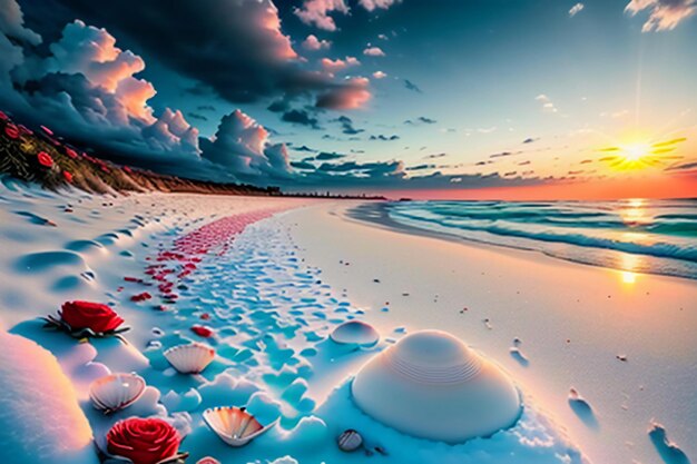 Blue sea waves at dusk sunrise sunset with rose flowers pink shells conch sea salt on sandy beach