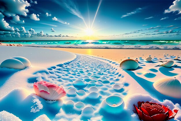 Blue sea waves at dusk sunrise sunset with rose flowers pink shells conch sea salt on sandy beach