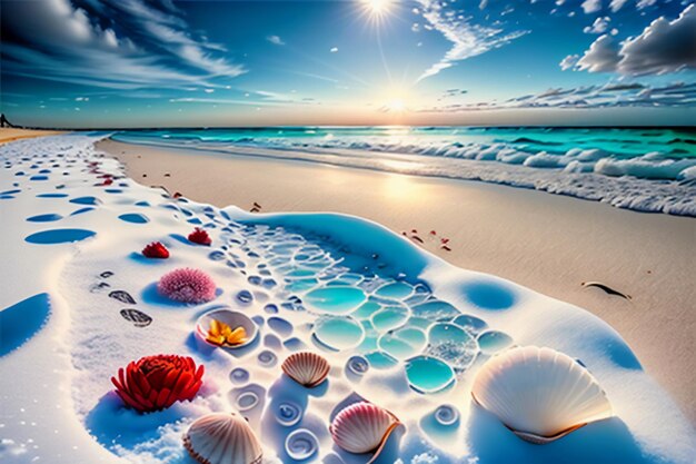 Blue sea waves at dusk sunrise sunset with rose flowers pink shells conch sea salt on sandy beach