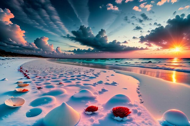 Blue sea waves at dusk sunrise sunset with rose flowers pink shells conch sea salt on sandy beach