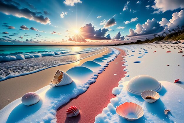 Blue sea waves at dusk sunrise sunset with rose flowers pink shells conch sea salt on sandy beach