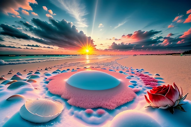 Blue sea waves at dusk sunrise sunset with rose flowers pink shells conch sea salt on sandy beach