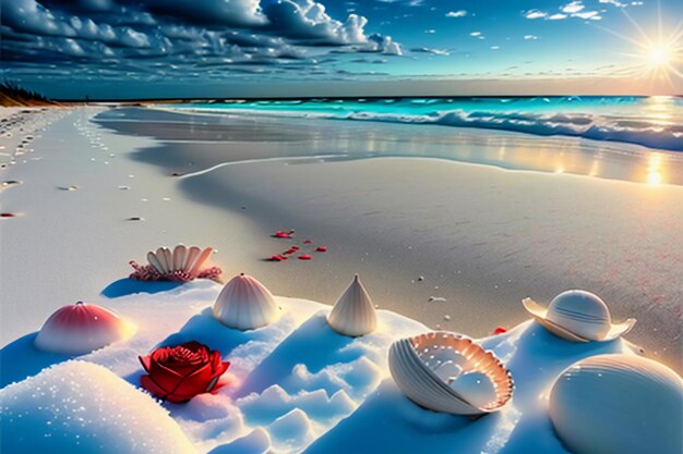 Blue sea waves at dusk sunrise sunset with rose flowers pink shells conch sea salt on sandy beach