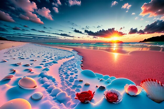 Blue sea waves at dusk sunrise sunset with rose flowers pink shells conch sea salt on sandy beach