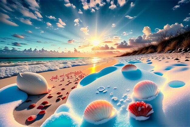 Blue sea waves at dusk sunrise sunset with rose flowers pink shells conch sea salt on sandy beach