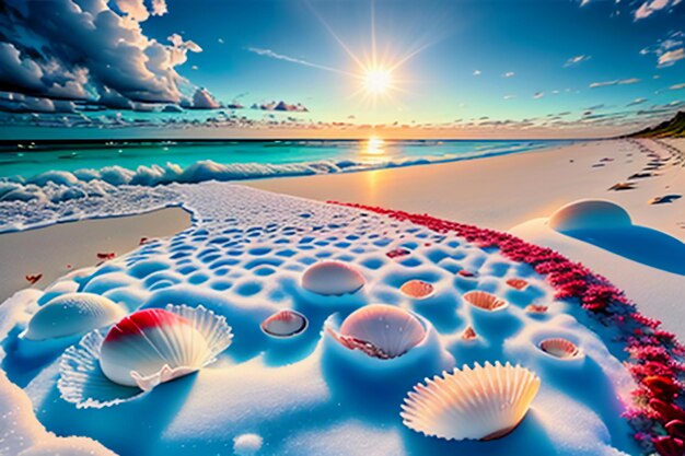 Blue sea waves at dusk sunrise sunset with rose flowers pink shells conch sea salt on sandy beach