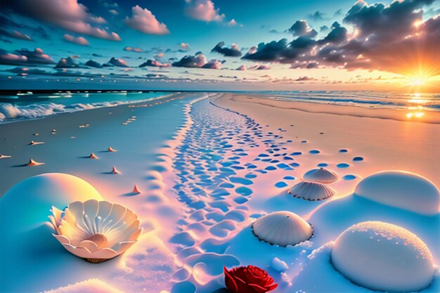Blue sea waves at dusk sunrise sunset with rose flowers pink shells conch sea salt on sandy beach