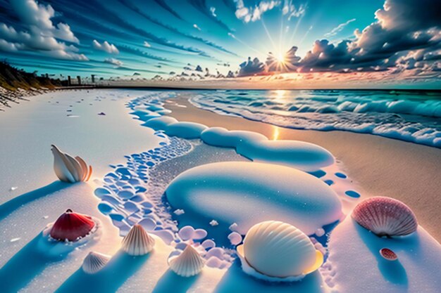 Blue sea waves at dusk sunrise sunset with rose flowers pink shells conch sea salt on sandy beach