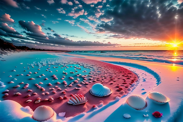 Blue sea waves at dusk sunrise sunset with rose flowers pink shells conch sea salt on sandy beach