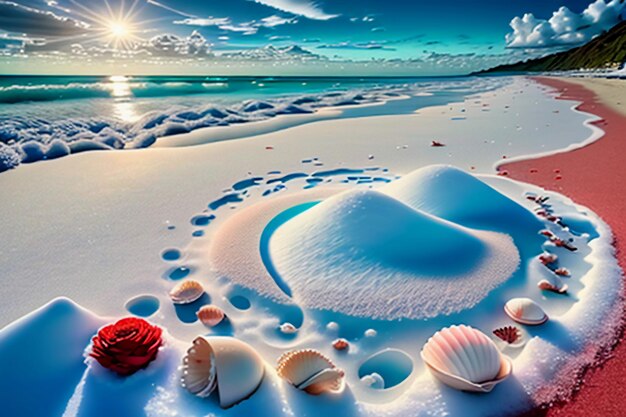 Blue sea waves at dusk sunrise sunset with rose flowers pink shells conch sea salt on sandy beach