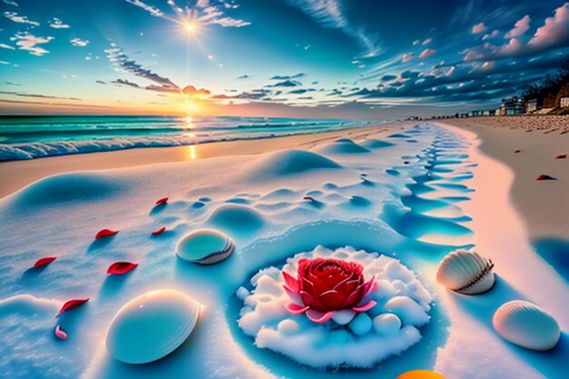 Blue sea waves at dusk sunrise sunset with rose flowers pink shells conch sea salt on sandy beach