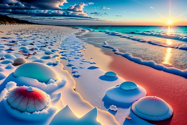 Blue sea waves at dusk sunrise sunset with rose flowers pink shells conch sea salt on sandy beach