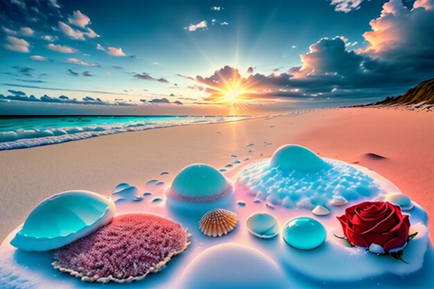 Blue sea waves at dusk sunrise sunset with rose flowers pink shells conch sea salt on sandy beach