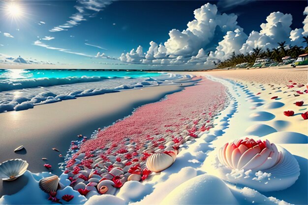 Blue sea waves at dusk sunrise sunset with rose flowers pink shells conch sea salt on sandy beach