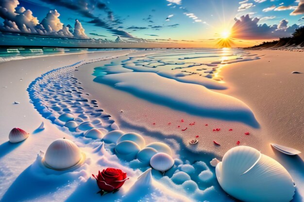 Blue sea waves at dusk sunrise sunset with rose flowers pink shells conch sea salt on sandy beach