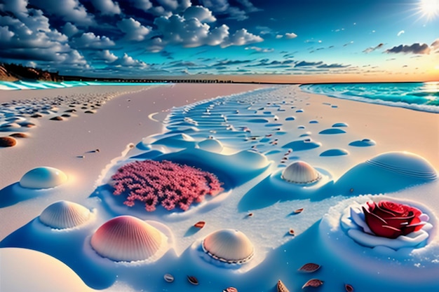 Foto le onde blu del mare al crepuscolo l'alba il tramonto con i fiori di rosa le conchiglie rosa il sale marino sulla spiaggia sabbiosa
