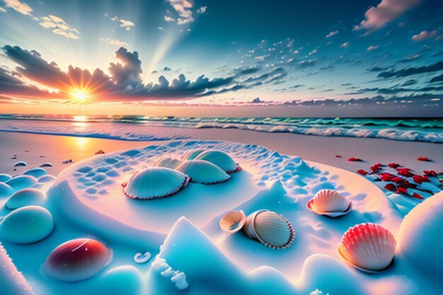 Blue sea waves at dusk sunrise sunset with rose flowers pink shells conch sea salt on sandy beach