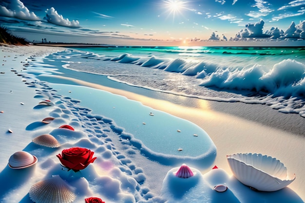 Blue sea waves at dusk sunrise sunset with rose flowers pink shells conch sea salt on sandy beach