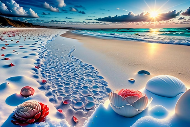 Foto le onde blu del mare al crepuscolo l'alba il tramonto con i fiori di rosa le conchiglie rosa il sale marino sulla spiaggia sabbiosa
