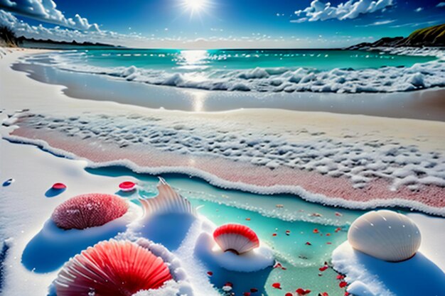 Blue sea waves at dusk sunrise sunset with rose flowers pink shells conch sea salt on sandy beach