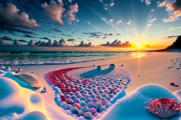 Blue sea waves at dusk sunrise sunset with rose flowers pink shells conch sea salt on sandy beach