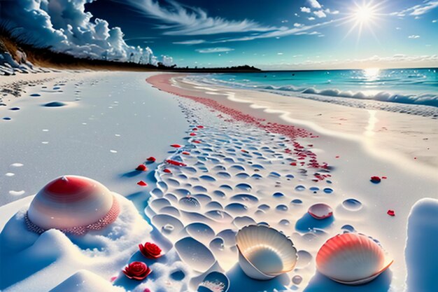 Blue sea waves at dusk sunrise sunset with rose flowers pink shells conch sea salt on sandy beach