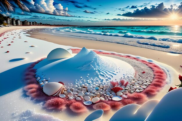 Blue sea waves at dusk sunrise sunset with rose flowers pink shells conch sea salt on sandy beach