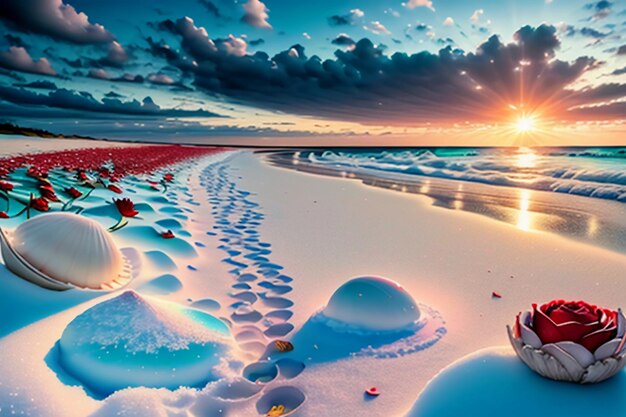 Blue sea waves at dusk sunrise sunset with rose flowers pink shells conch sea salt on sandy beach