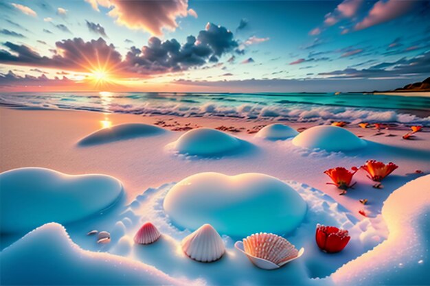 Blue sea waves at dusk sunrise sunset with rose flowers pink shells conch sea salt on sandy beach