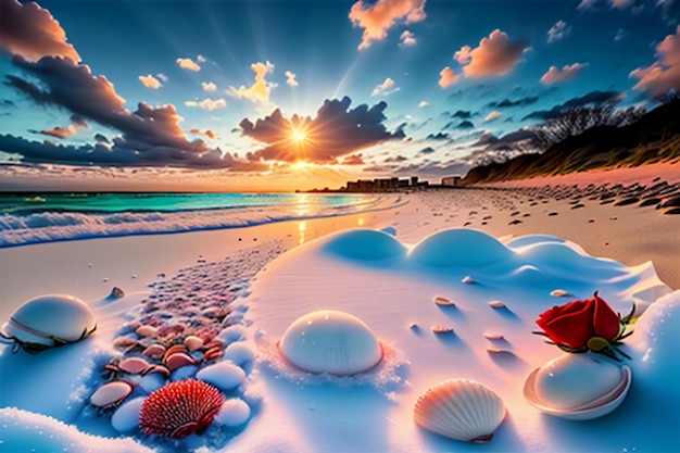 Blue sea waves at dusk sunrise sunset with rose flowers pink shells conch sea salt on sandy beach