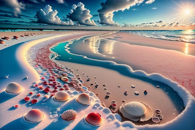 Blue sea waves at dusk sunrise sunset with rose flowers pink shells conch sea salt on sandy beach