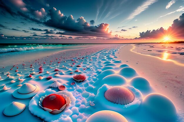 Blue sea waves at dusk sunrise sunset with rose flowers pink shells conch sea salt on sandy beach