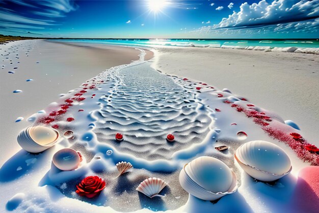 Blue sea waves at dusk sunrise sunset with rose flowers pink shells conch sea salt on sandy beach