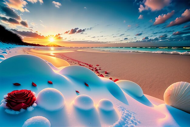 Blue sea waves at dusk sunrise sunset with rose flowers pink shells conch sea salt on sandy beach