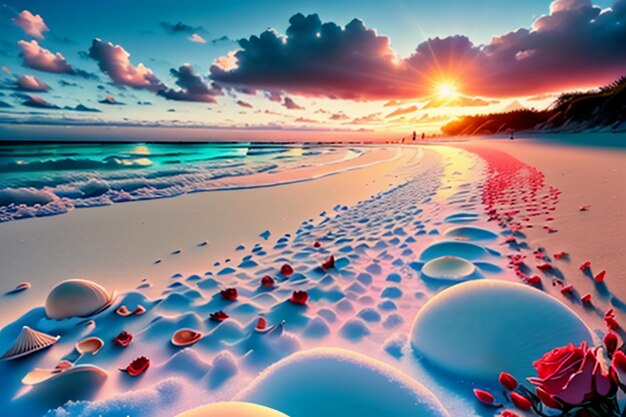 Blue sea waves at dusk sunrise sunset with rose flowers pink shells conch sea salt on sandy beach