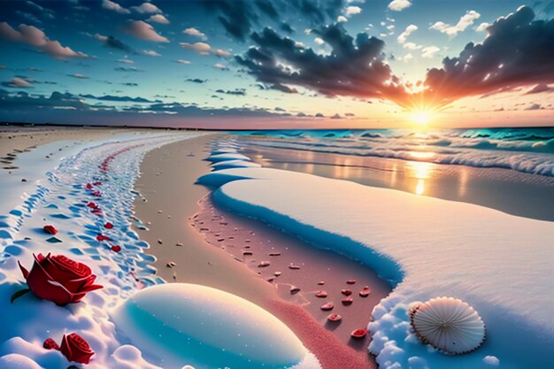 Blue sea waves at dusk sunrise sunset with rose flowers pink shells conch sea salt on sandy beach