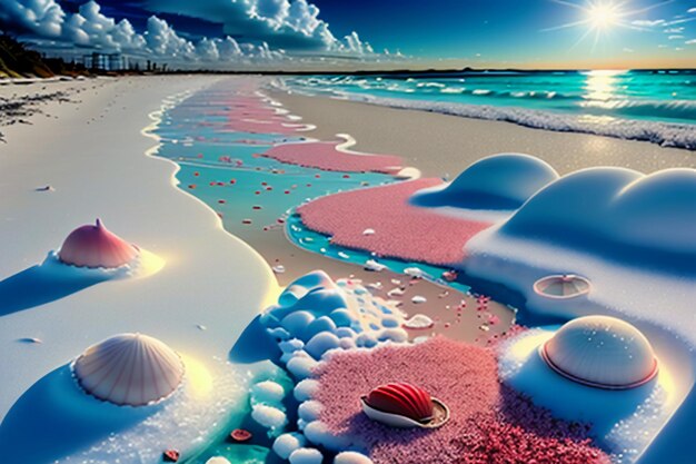 Blue sea waves at dusk sunrise sunset with rose flowers pink shells conch sea salt on sandy beach