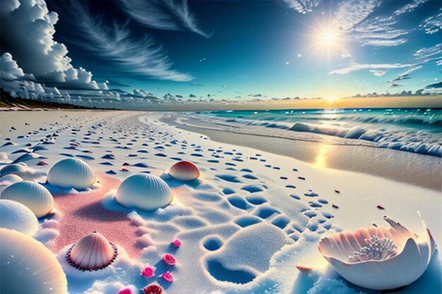 Blue sea waves at dusk sunrise sunset with rose flowers pink shells conch sea salt on sandy beach