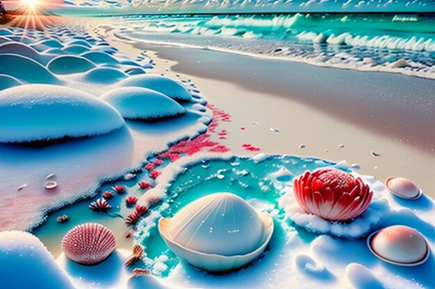 Blue sea waves at dusk sunrise sunset with rose flowers pink shells conch sea salt on sandy beach