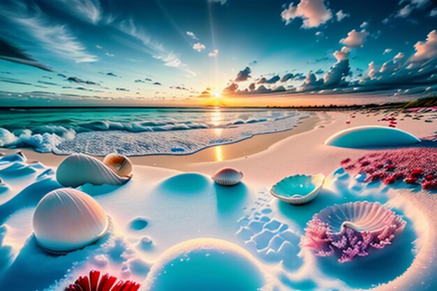 Blue sea waves at dusk sunrise sunset with rose flowers pink shells conch sea salt on sandy beach