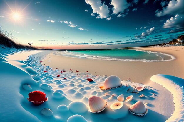 Blue sea waves at dusk sunrise sunset with rose flowers pink shells conch sea salt on sandy beach