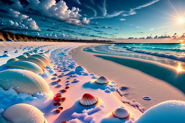 Blue sea waves at dusk sunrise sunset with rose flowers pink shells conch sea salt on sandy beach