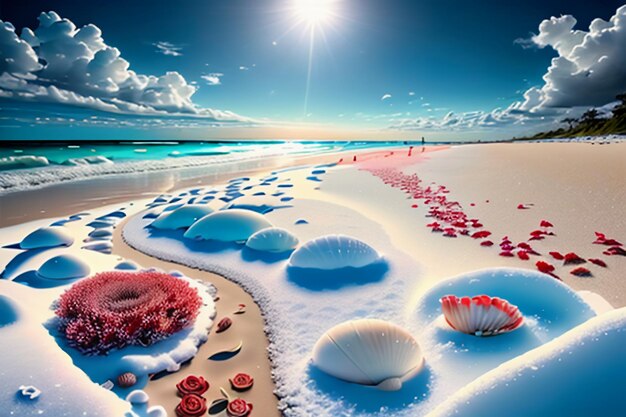 Blue sea waves at dusk sunrise sunset with rose flowers pink shells conch sea salt on sandy beach