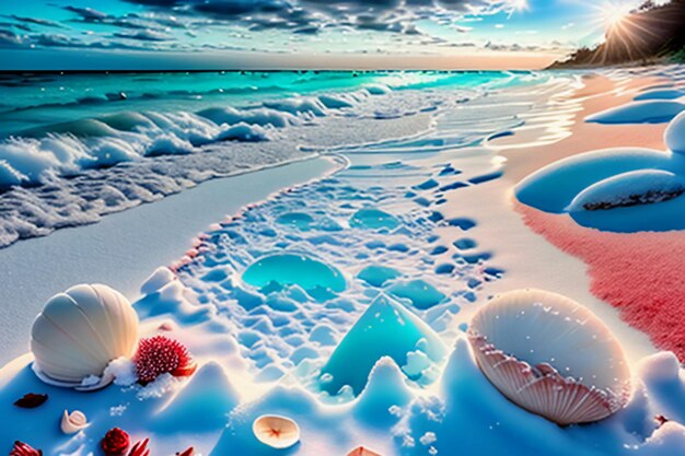 Blue sea waves at dusk sunrise sunset with rose flowers pink shells conch sea salt on sandy beach