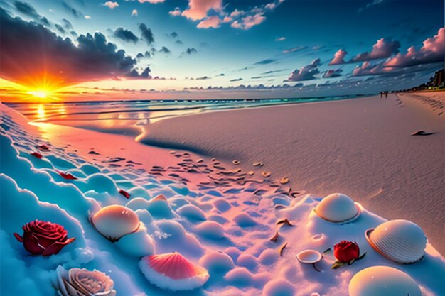 Blue sea waves at dusk sunrise sunset with rose flowers pink shells conch sea salt on sandy beach