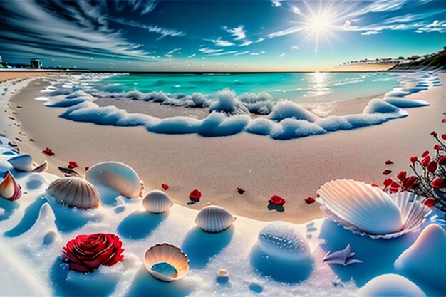 Blue sea waves at dusk sunrise sunset with rose flowers pink shells conch sea salt on sandy beach